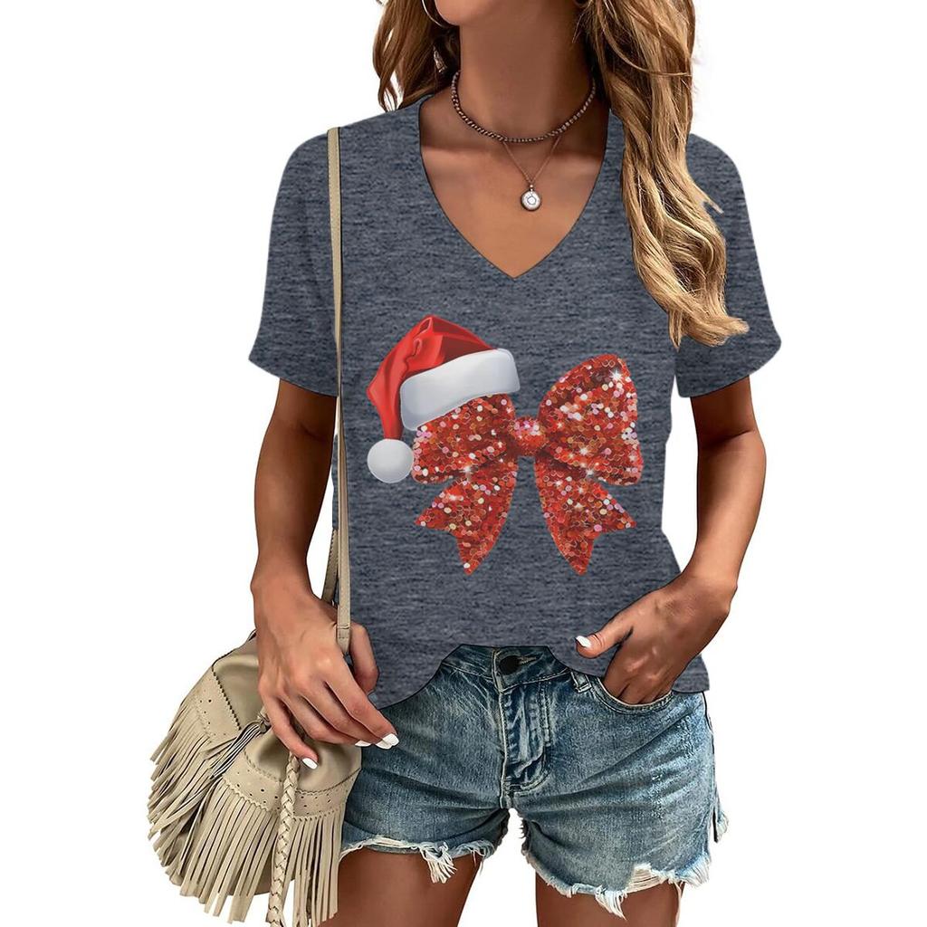 Christmas Santa Hat  Glittery Red Bow TShirt for Women Vneck Festive Holiday Party Tops Women Merry Christmas Soft Tee