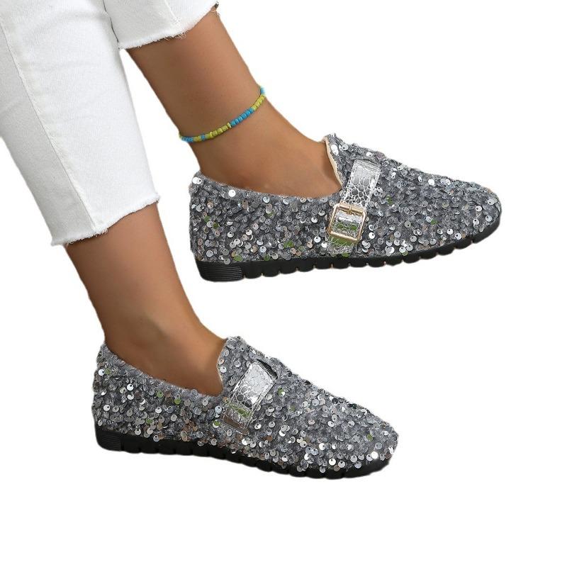 New Sequined Mary Jane Shoes Women's Large Size Belt Buckle Four-season Flat-soled Single Shoes Women