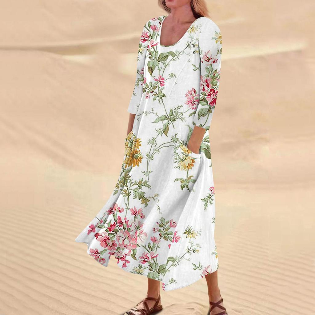 Dame uformelt blomstertrykk trekvart ermet lommekjole