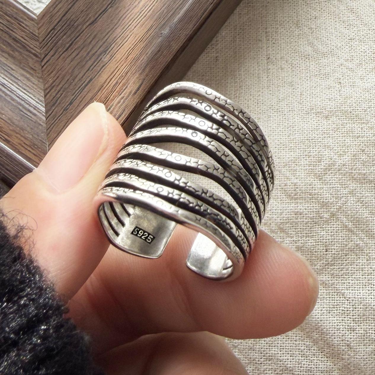

925 Sterling Silver Rings For Women Geometric Fine Jewelry Finger Adjustable Wide Interlines Ring For Party Birthday Gift resizable