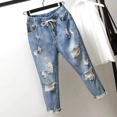 Dames Zomer Plus Size Gescheurde Gaten Jeans Hoge Taille Dun Persoonlijkheid Negenminuten Broek