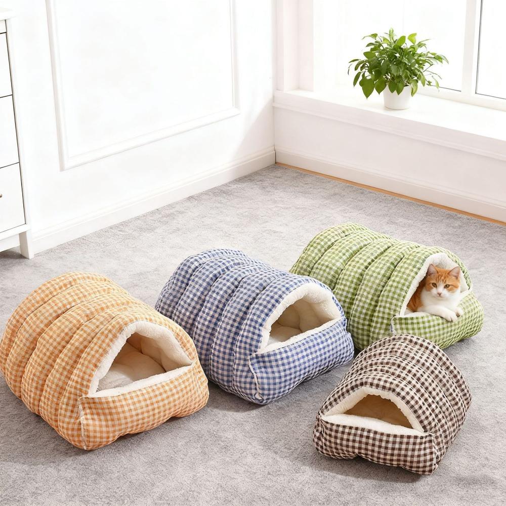 Warm Semi-sealed Pet Bed Checkered Pattern Cat Cotton Nest Winter Cat Bed for Rabbit Cats
