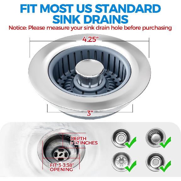 zaa Kitchen Sink Drain Strainer - Kitchen Sink Stopper, Stainless Steel Kitchen Drain Plug & Cover with Anti-Clogging Basket Strainer, Fit US