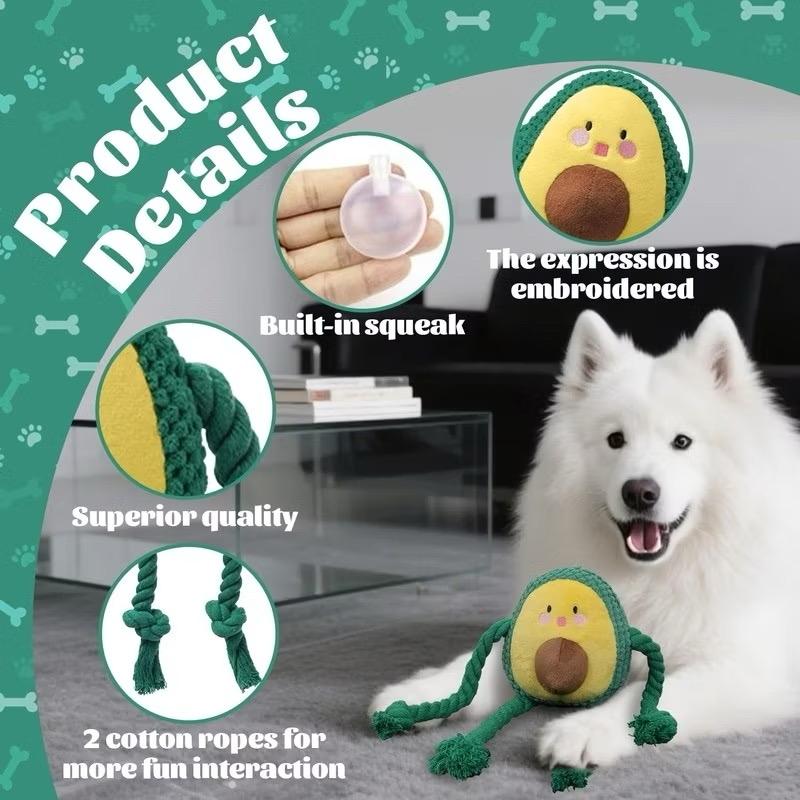 Avocado Squeaky Dog Toy Plush Chew with Cotton Rope Interactive Teeth Cleaning Squeaker for Small Medium Dogs