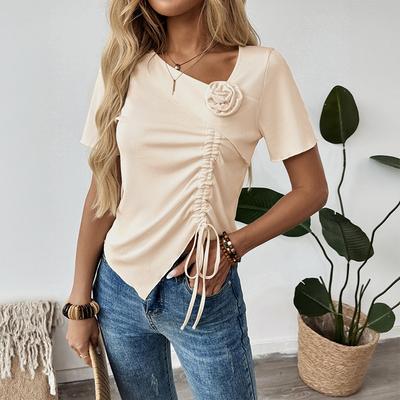 Un Nuovo Top da Donna Minimalista, con Coulisse, Floreale Tridimensionale, Scollo a V Irregolare, Maniche Corte Tinta Unita
