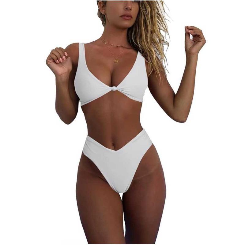 Traje de Bikini Skinny Deportivo para Mujer Color Sólido Lazo Cintura Alta Dos Piezas Traje de Baño Bikini
