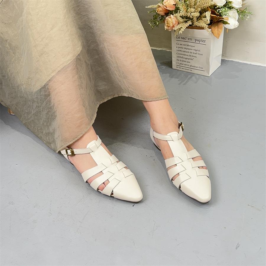 Johnature Kadın Ayakkabıları Hakiki Deri Sivri Burunlu İçi Boş Moda Çok Yönlü Roma Sandaletleri
