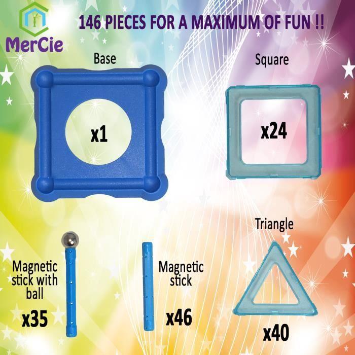 Blocs construction magnétiques| 146 pcs: bâtons xl avec aimants puissants, billes acier solidaires, tuiles et socle + boite rangemen