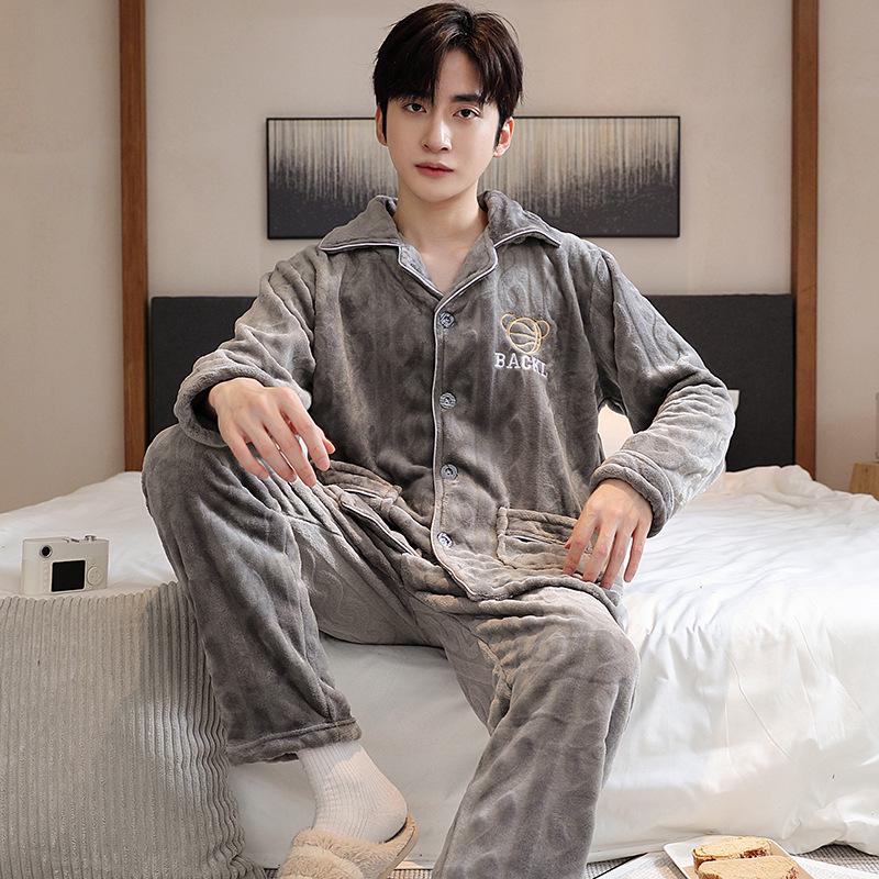 Men's Autumn/Winter Flannel Lapel Pajamas - New Arrival, Plus Velvet, Thickened Coral Fleece Homewear