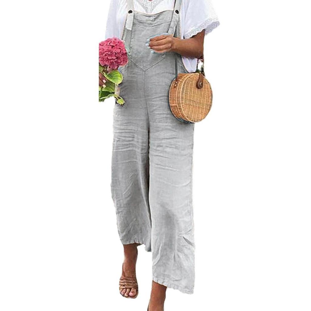 Women's Casual Summer Cotton Linen Loose Straight-Leg Overalls In Solid Colors