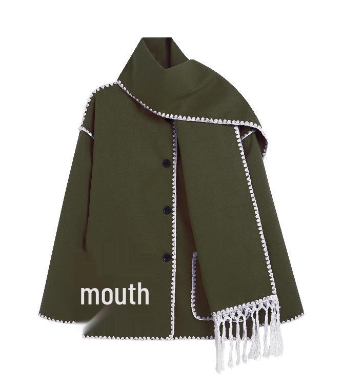 2023 Autumn/Winter European & American Fashion Women's Woolen Coat with Scarf Tassel