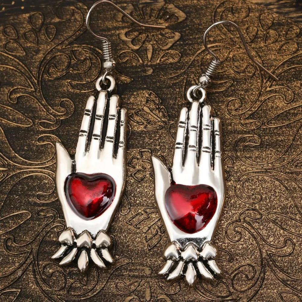 Gothic Retro Sliver Color Palm Blood Red Enamel Heart Relief Dangle Earrings for Women Halloween Magic Witch Jewelry Accessories
