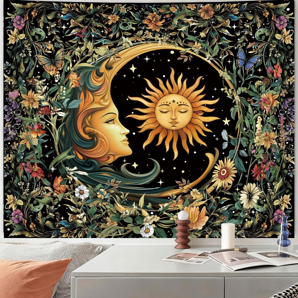 Mystical Luna Moth Tapestry, Green Moon Moth With Lunar Phases,Mushrooms And Witchy Hands Print Wall Hanging For Bedroom Living