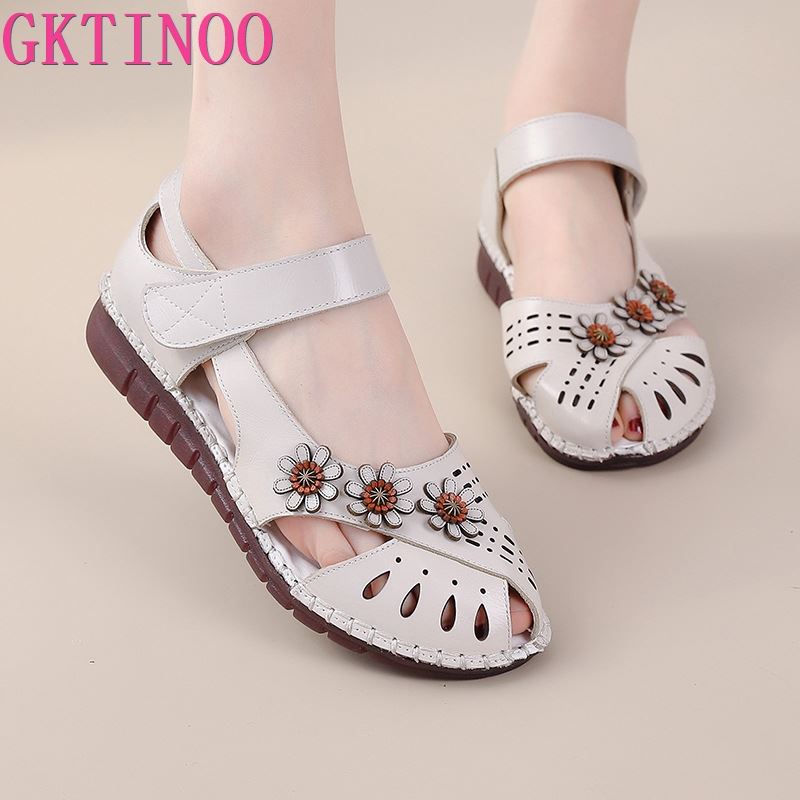 Fashion GKTINOO Summer New Handmade Women's Shoes National Style Genuine Leather Hollow Women's Sandals Soft Flat with Sandals