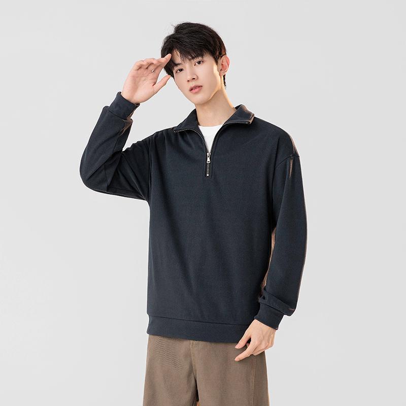 Spring Autumn Stand Collar Half Zipper Casual Fashion Sweatshirt Male Solid Pullover Tee Top Men