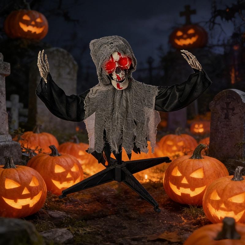 Animierter sprechender leuchtender Totenkopf Gartenspieß Automatisches Schwingen Halloween-Skelette Requisiten für Halloween-Dekorationen Mit realistischen Schwingbewegungen