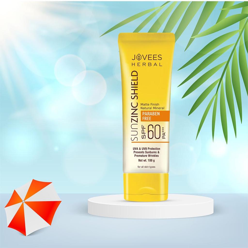 Jovees Sun Zinc Shield SPF 60 PA+++ Sunscreen | Matte Oil Free UVA UVB Blue Light Protection | Broad Spectrum For All Skin Types 100g