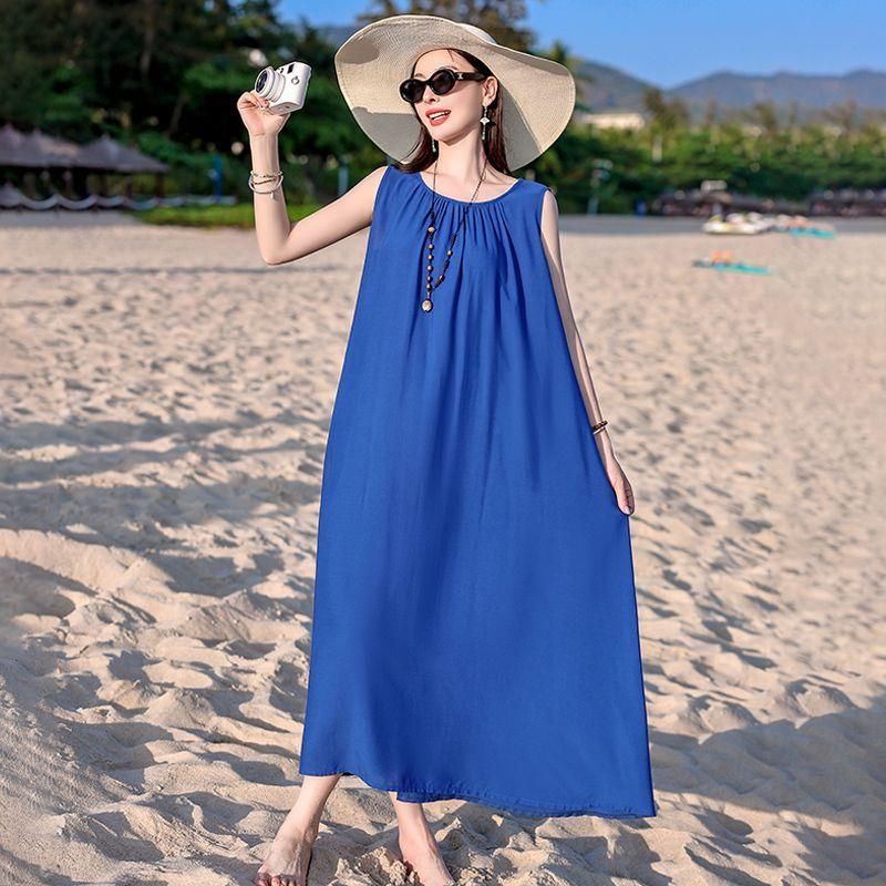 

Хлопковое платье без рукавов Летнее Свободное Большого размера Приталенное Платье-майка Отпуск Длинное платье Элегантное Пляжное XL синий