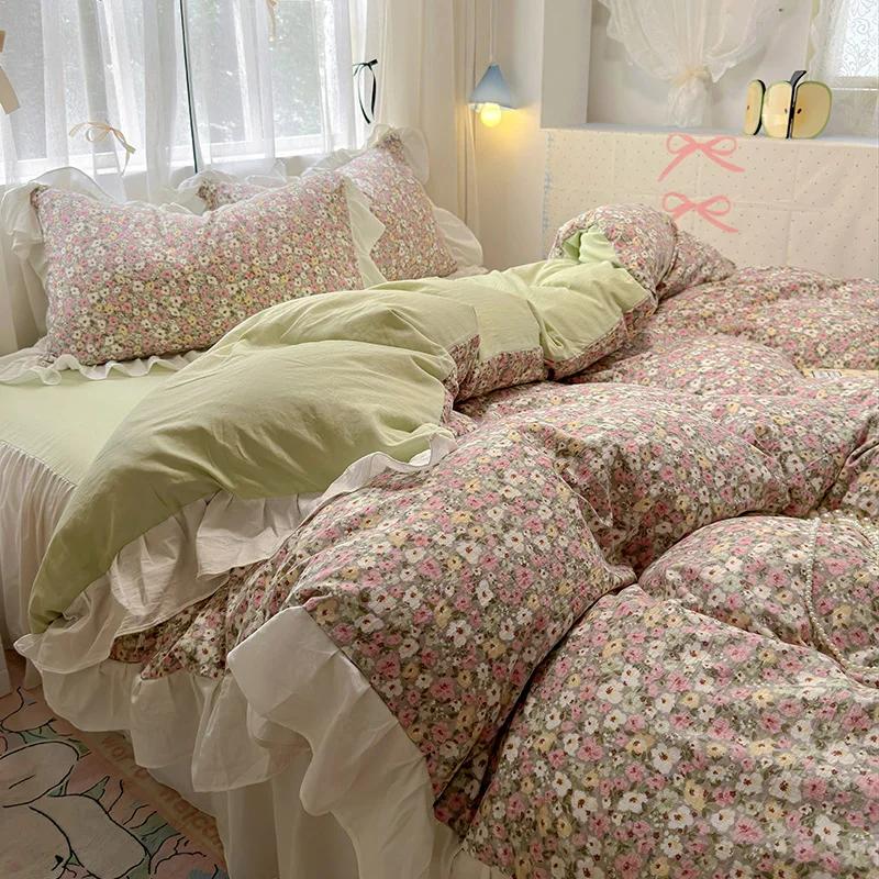 1.5/1.8 Korean Style 100% Cotton Fitted Sheet Sets with Lace Flower Print Bedding Set for Seasons Home Bedclothes for Adult Kids
