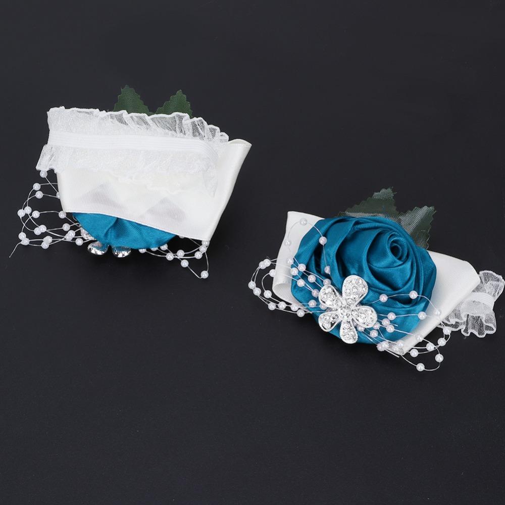 2pcs Diamond Rose Hand Flower Pearl Rhinestone Wedding Corsage Bridal Wrist Flower For Wedding