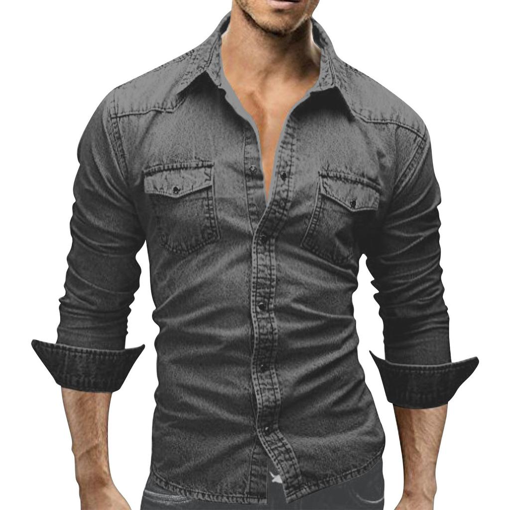 Men's Casual Long Sleeve Lapel Denim Washed Shirt Men's Tops Men's Shirts