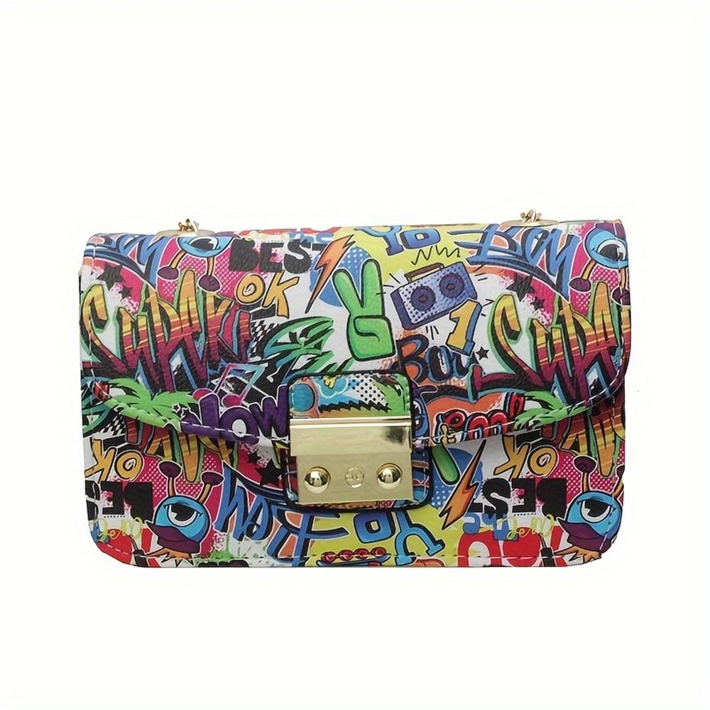 [Geometric Crossbody Bag] Vibrant Red/Black Women's Crossbody Bag - Geometric Pattern with LOVE Design, Chain Strap, Flap Closure, Crossbody Purse