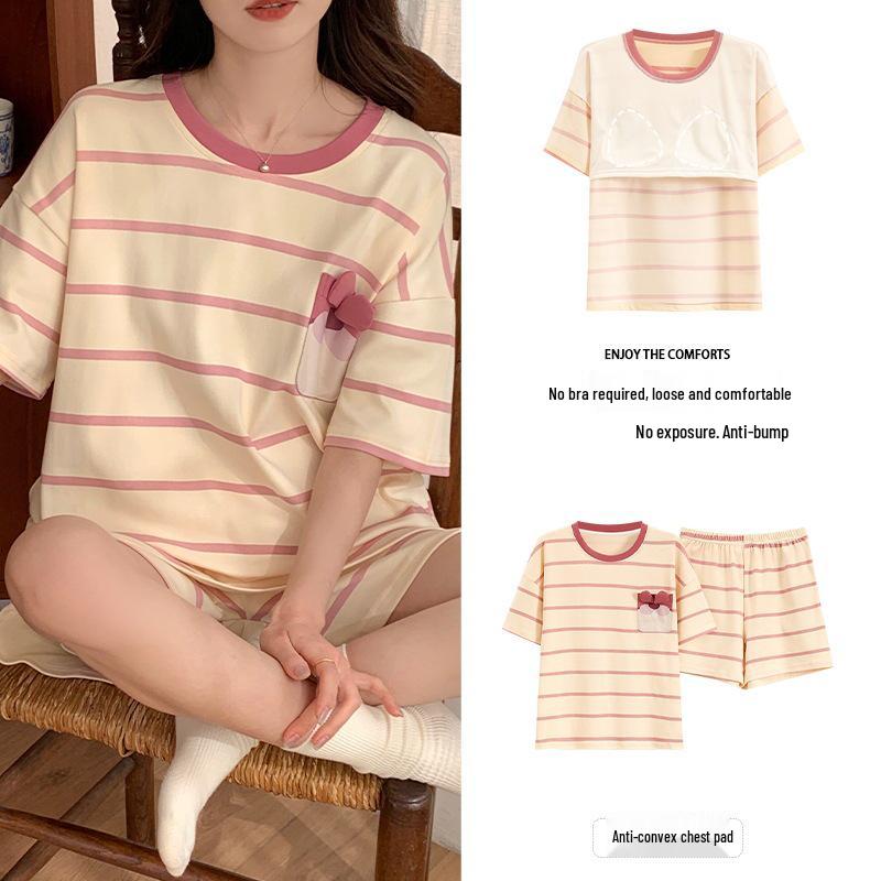 2025 Women's Short-Sleeved Summer Pajamas with Chest Pads - Cute Cartoon Style