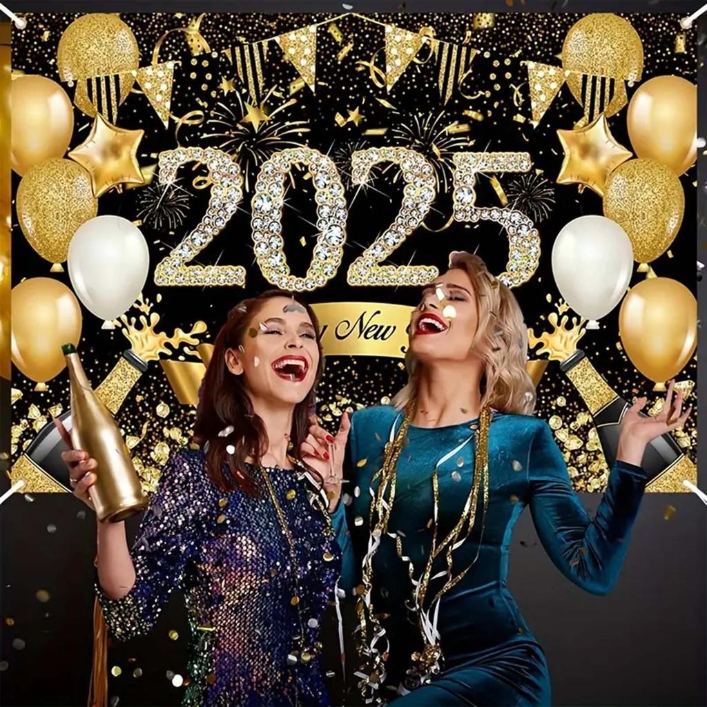 2025 Happy New Year Backdrop for Photography Champagne Golden Balloon Banner Celebrate Party Background Poster