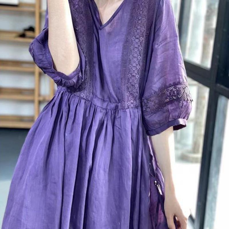 High-End V-Neck Three-Quarter Sleeve Mid-Length Loose Flared Dress for Women