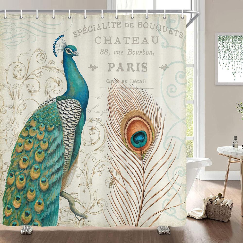 

3D Печатная Шторка для Душа в Стиле Цветы и Птицы, Узор Павлины, Водонепроницаемая Занавеска для Ванной Комнаты, Декоративные Шторы с Крючками W90xH180cm