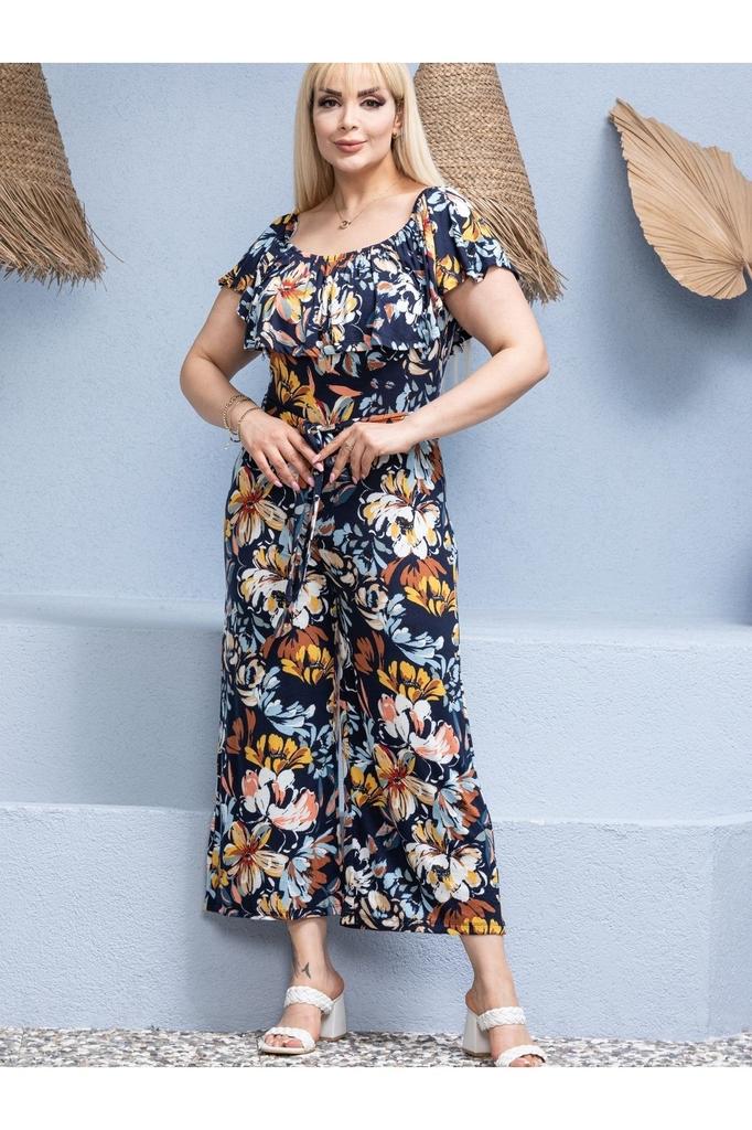 Women's Style Big Size Overalls Plus Size Gathered Madonna Collar Belted Flexible Viscose Jumpsuit