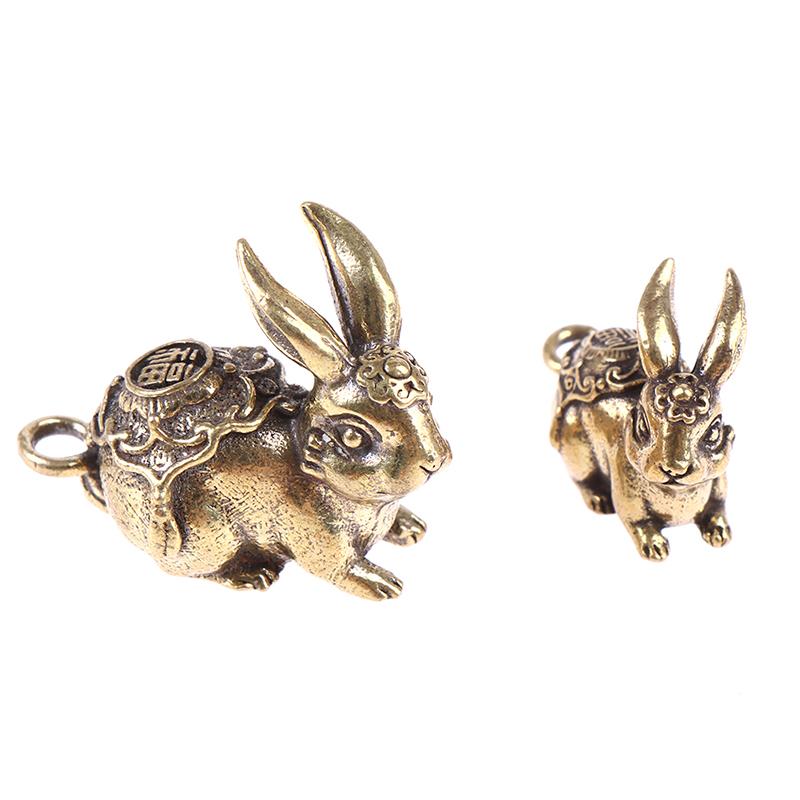 Chinese Year Antique Solid Copper Zodiac Lucky Rabbit Statue Ornament Vintage Copper Key Chain Figurine Decoration