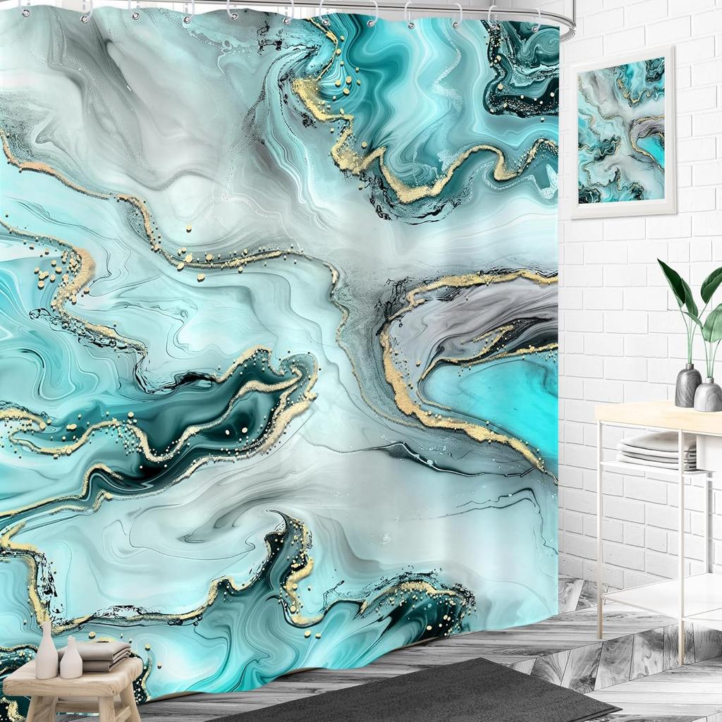 Blue Green Abstract Shower Curtain Modern Ombre Minimalist Marble Luxury Contemporary Simple Unique Cloth Fabric Waterproof
