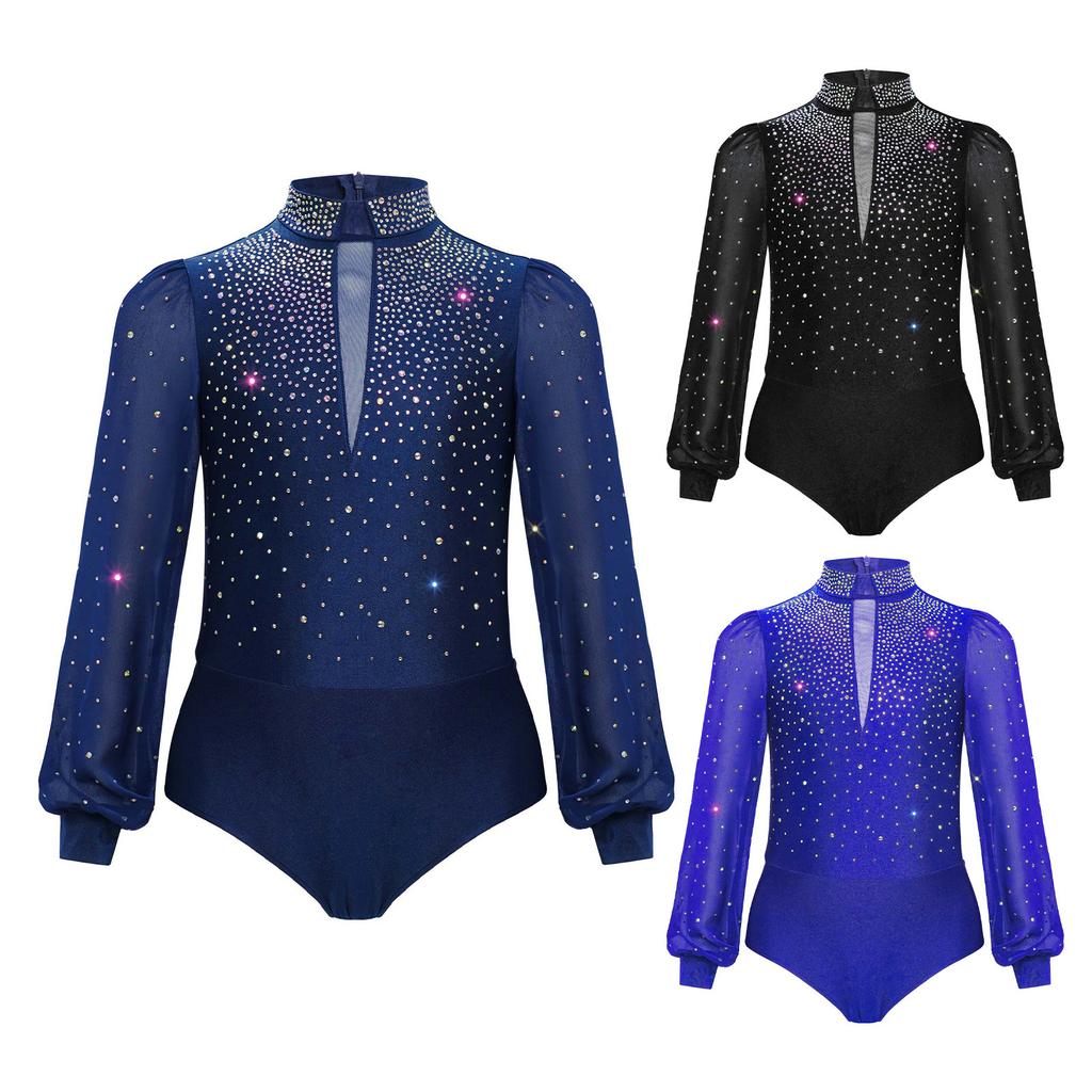 Body cu mâneci lungi și gât înalt, împodobit cu strasuri, cu capse la crotch și fermoar la spate, pentru patinaj artistic