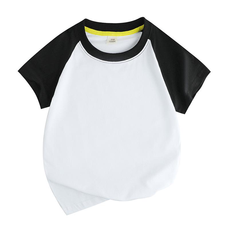 Summer Cotton Raglan Color Block Kids' Round Neck T-Shirt - Solid Color, Sweat-Absorbing, Short Sleeve Uniform