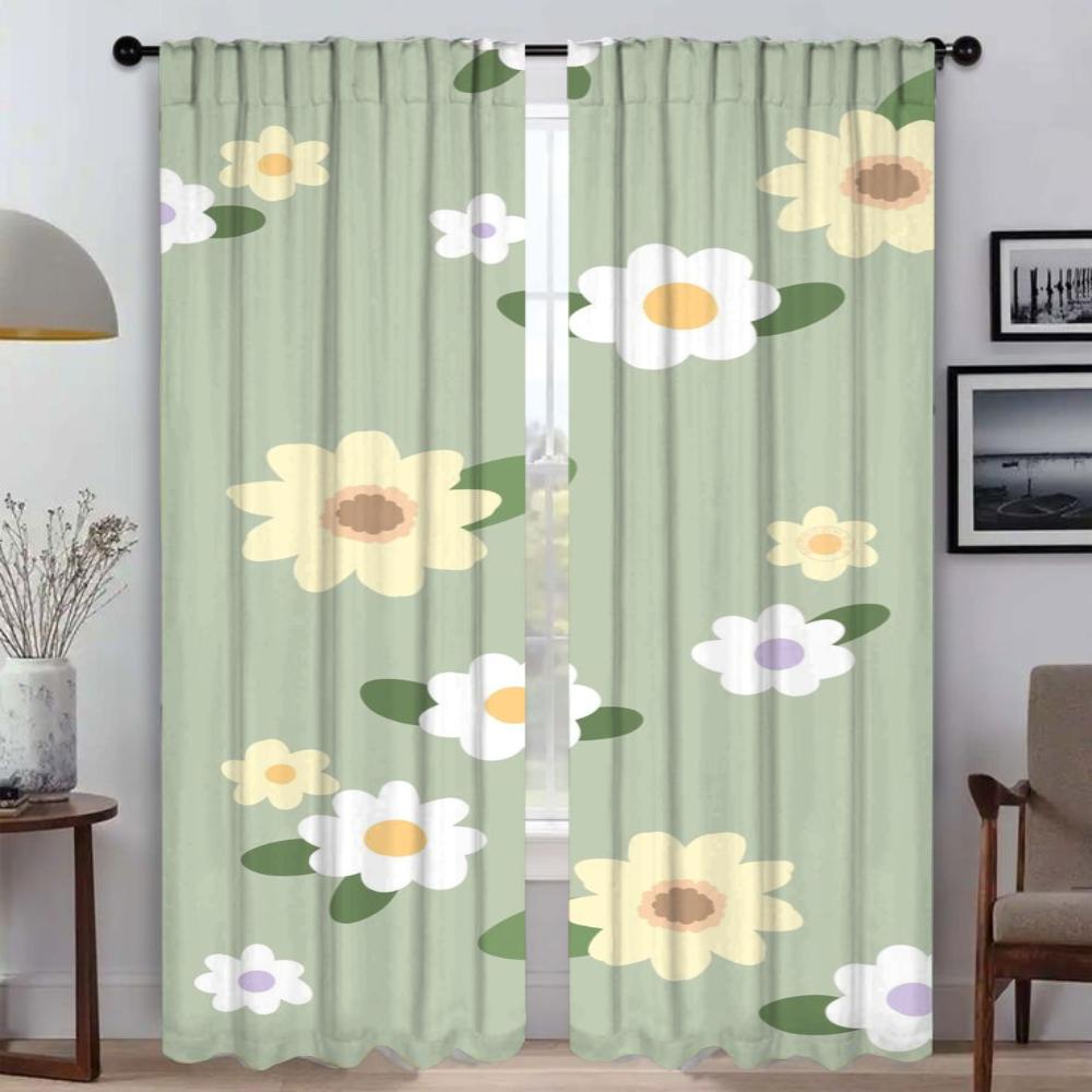 Bug Resistant Curtains Living Room Curtain Cute Flowers Partition Shades Home Interior Tulle Bedroom Set Of 2 Made Polyester Washable Ready