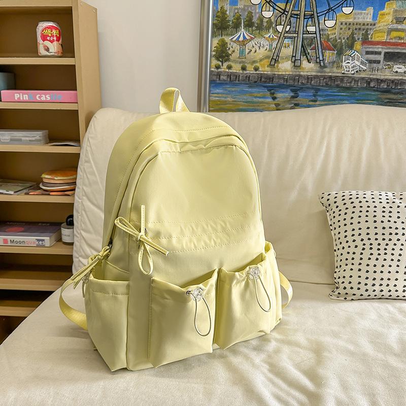 Simple Solid Color Female Backpack Double Pocket Drawstring Light Student Cute Travel Bow Joker College Student Bag