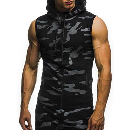 Sommer Herren Gym Fitness Camouflage Mesh Kapuzenpullover mit Reißverschluss Ärmelloses Kapuzen-Tanktop