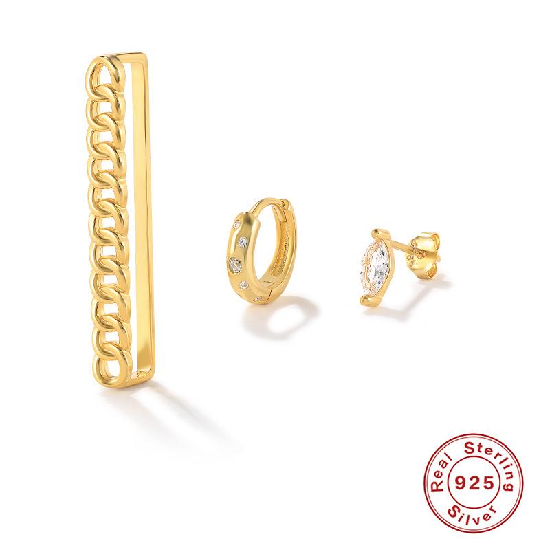 925 Sterling Silver Earrings 3-Piece Set Stud Earrings Combination Set Fringed Chain Classic Square Ear Buckle Earphone