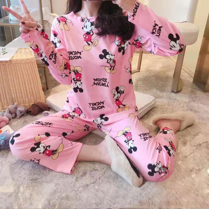 Women's Korean Style Pajama Set: Long Sleeve, Round Neck, Cute Cartoon Print, Comfortable for Spring & Autumn