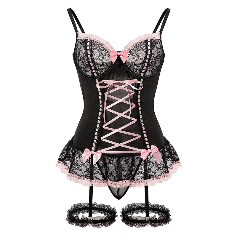 Women'S Sexy Bra Set Underwear Lingerie Lace Patchwork Bowknot Sexy Bra And Panty Garter Set Sleepwear
