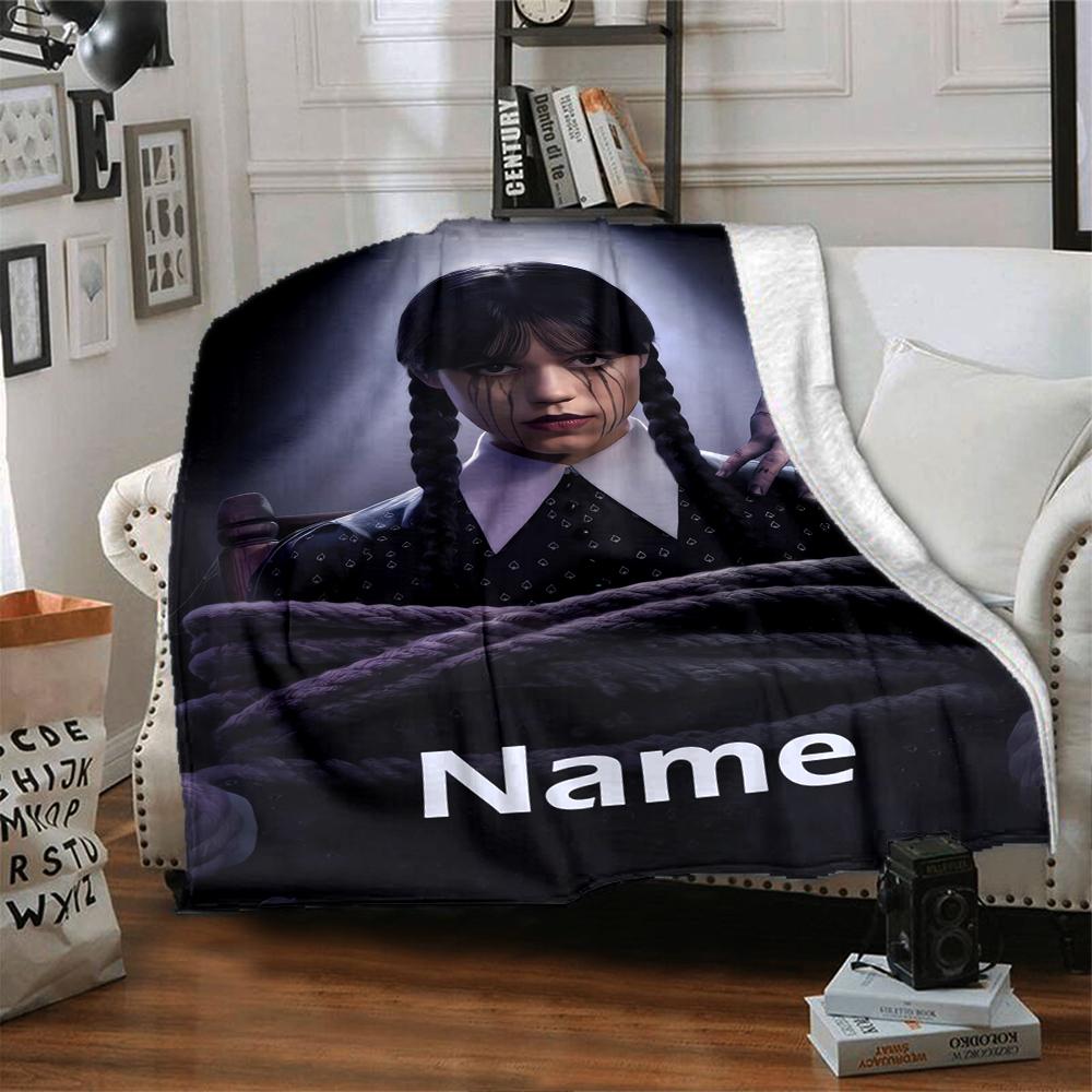 Custom Name Wednesday Theme Printed Blanket - Perfect for Couch, Bed, Travel & Outdoor Use | Machine Washable, Cozy & Durable.