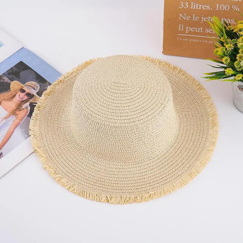 WTEMPO Solid Color Simple Summer Straw Hats Women Spring Summer Wide Brim Rough Selvedge Outdoor Breathable Foldable Beach Sun Hats