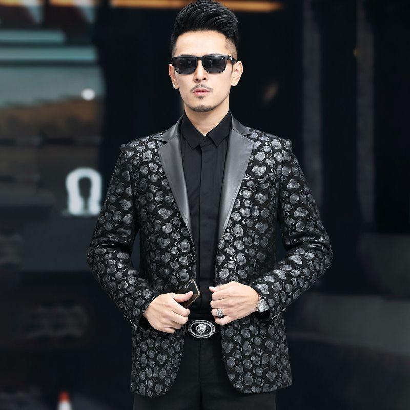 Autumn New Style Genuine Leather Jacket for Men, Sheepskin Suit Jacket, Fashionable Printed Business Casual Top