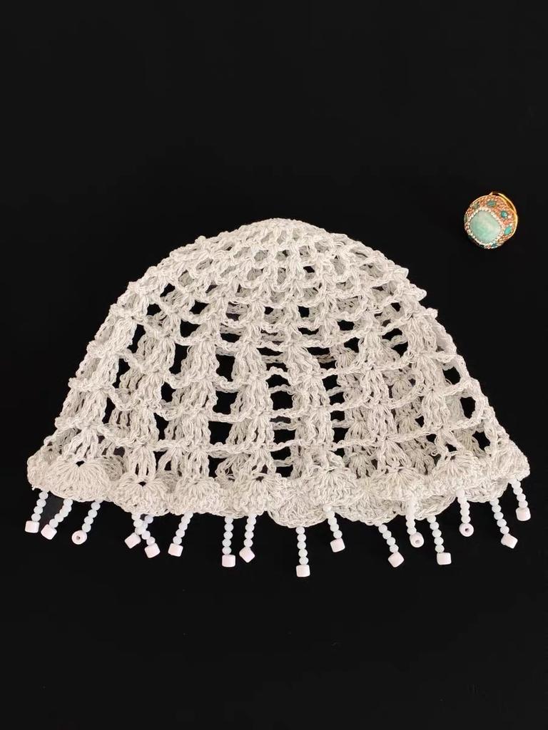 Vintage beaded tassel hollow headgear women's summer breathable face small fashionable Spice girl knitted pullover cold hat
