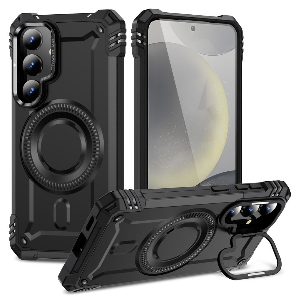 For Samsung Galaxy S25 Magnetic Case Lens Kickstand PC + TPU Shockproof Phone Cover