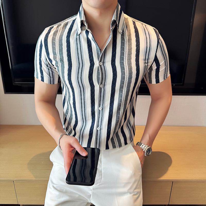 Summer Striped Shirts Men Short Sleeve Slim Fit Casual Shirt Fashion Social Streetwear