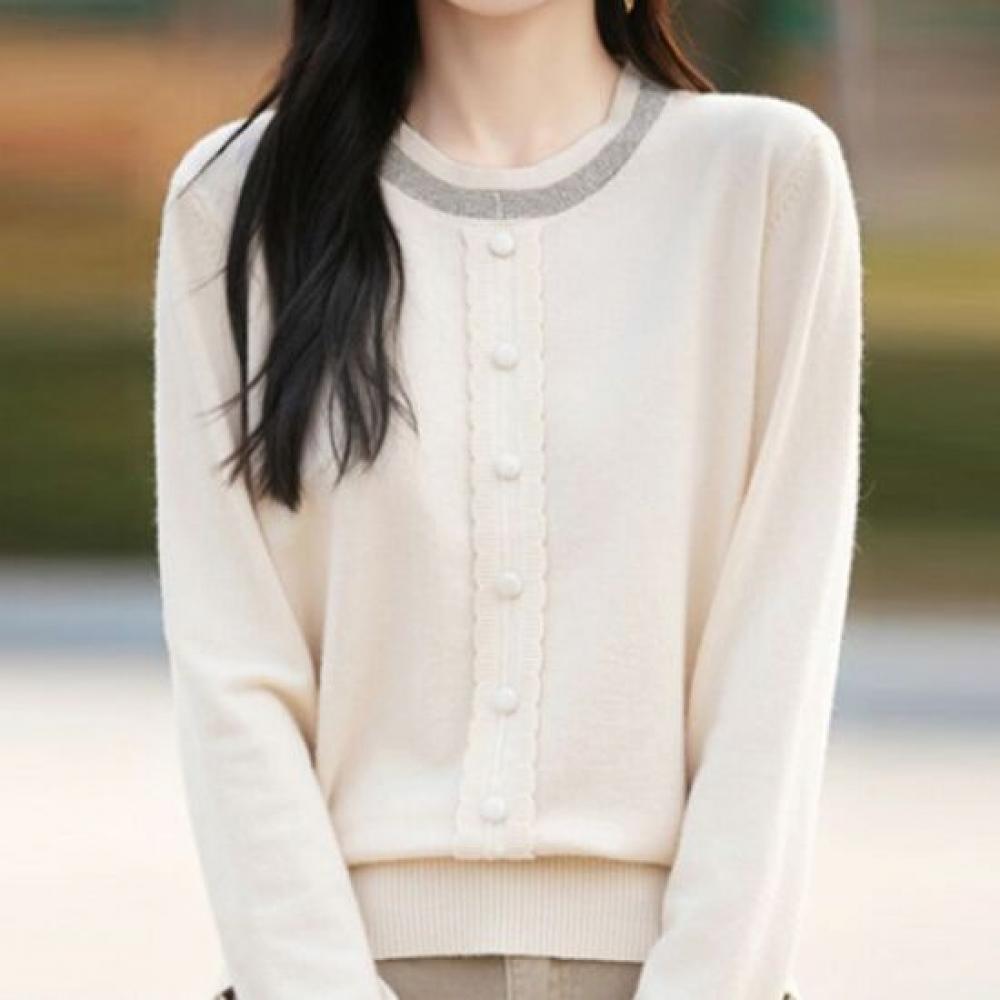 Navava Daily Button Point Round Neck Long Sleeve Knit Tee Nk3602