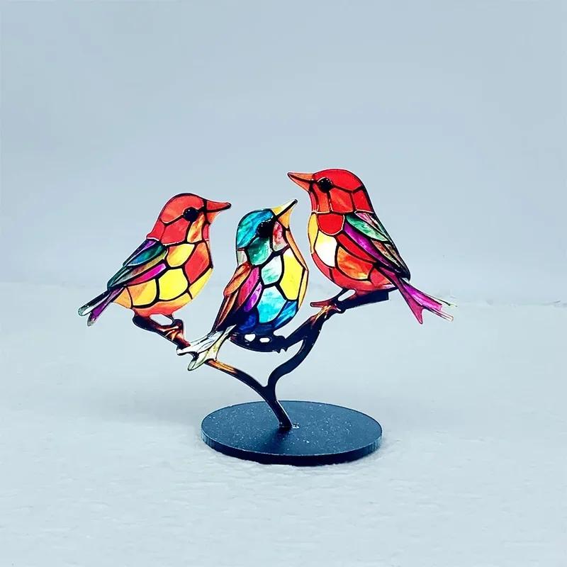 Home Stained Glass Birds on Branch Desktop Ornaments Double Sided Multicolor Birds Ornaments Bird Series Decorations