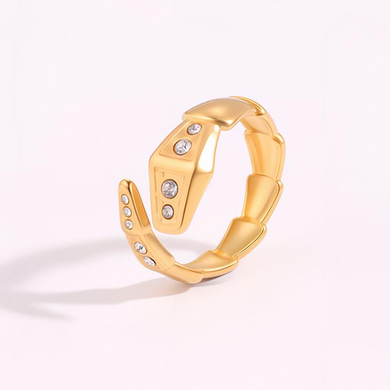 Ring - Elegant Female Style White Mother-of-pearl Snake-shaped Open-ended Ring - 18K Gold Electroplated with Diamonds - Snake Bone Ring